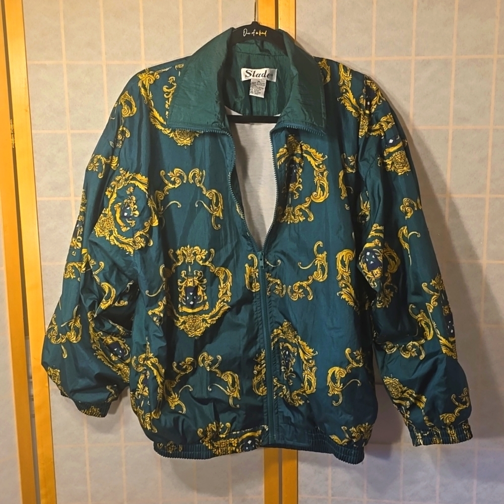 Womens Slade Green and Gold Vintage Windbreaker Spring Tracker Jacket Medium